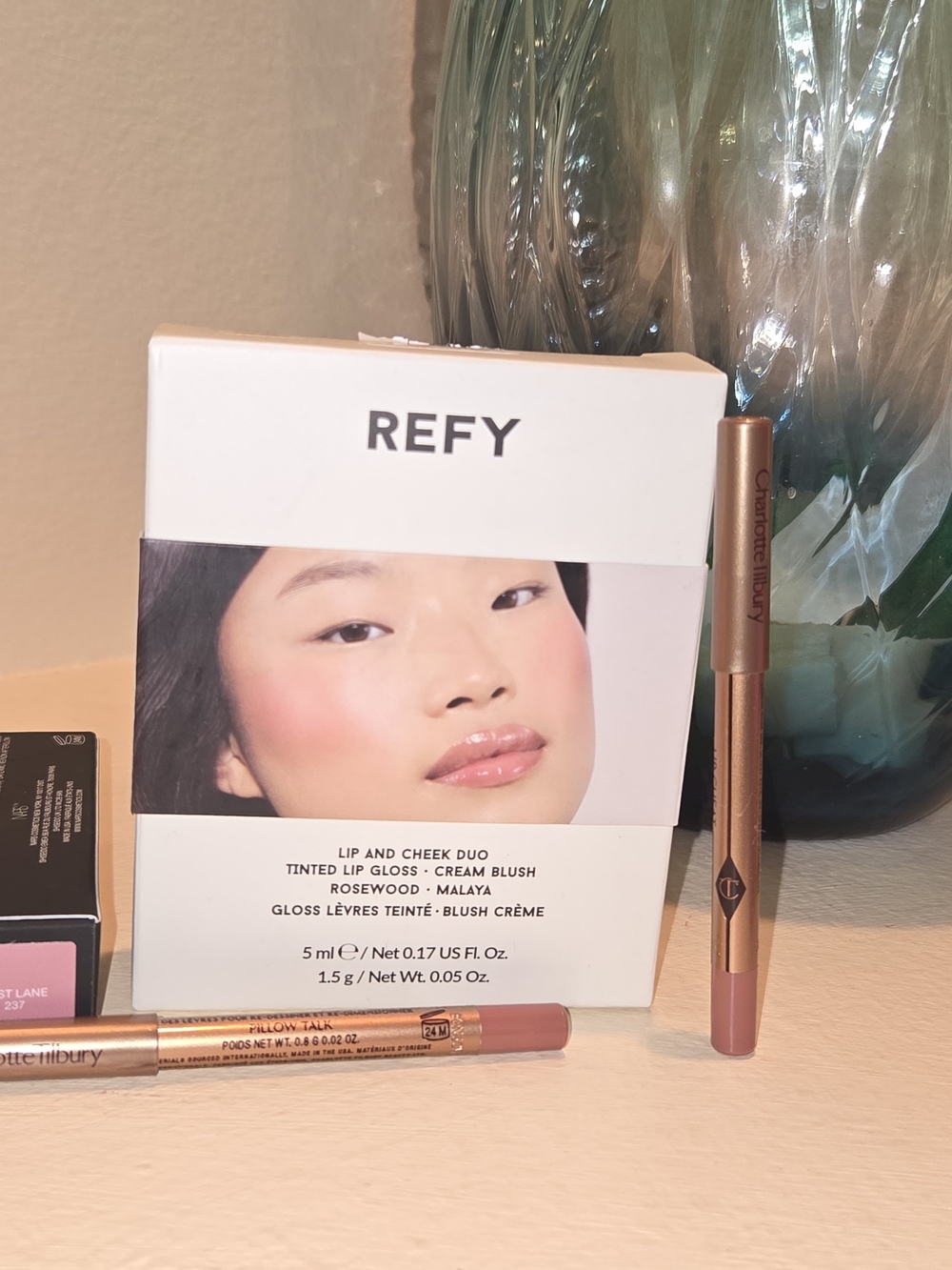 REFY Lip & Cheek Duo Rosewood/Malaya + NARS Fast Lane Lipstick + Charlotte Tilbu